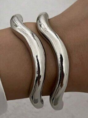 Geo Wave Duo Cuff Bracelet Set - Silver